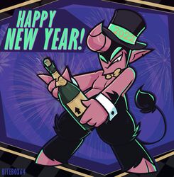  2022 alcohol beverage bitebox64 bito_(bitebox64) bovid bovine bow_tie boximp_(species) champagne clothing european_mythology fireworks greek_mythology green_eyes hat headgear headwear hi_res holidays horn male mammal minotaur mythology new_year new_year_2022 solo 