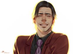  1boy ^_^ anderain black_hair black_shirt closed_eyes dated facial_hair formal grin highres male_focus necktie nishitani_homare purple_necktie red_suit ryuu_ga_gotoku_(series) ryuu_ga_gotoku_0 shirt signature smile solo stubble suit upper_body 