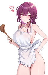  absurdres apron bare_arms bare_shoulders blush breasts commentary_request cowboy_shot female heart highres holding honkai:_star_rail honkai_(series) kafka_(honkai:_star_rail) kisa_(leg3043) korean_commentary ladle large_breasts long_hair looking_at_viewer md5_mismatch naked_apron purple_eyes purple_hair smile solo standing thighs white_apron 