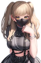  absurdres arm_behind_back belt black_belt black_mask black_shirt black_skirt blonde_hair bracelet breasts chains chest_harness crop_top cropped_shirt female hand_up harness highres jewelry large_breasts long_hair looking_at_viewer mask mouth_mask nijisanji official_alternate_costume official_alternate_hairstyle ring shirt short_sleeves simple_background sister_claire sister_claire_(9th_costume) skirt solo suraimu_(suraimuraimu) suspenders t-shirt two_side_up upper_body virtual_youtuber white_background yellow_eyes 