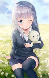  aharen-san_wa_hakarenai aharen_reina arm_support assassins_(yxuk8877) black_thighhighs blue_eyes blue_hair blue_skirt blunt_bangs breasts closed_mouth female field flower flower_field grey_jacket highres holding holding_stuffed_toy jacket light_blue_hair long_hair mascot medium_breasts on_ground one_eye_closed outdoors pleated_skirt school_uniform sitting skirt sky smile solo stuffed_toy thighhighs 