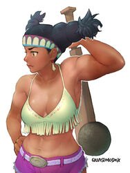  abs adapted_costume aged_up armpits black_hair breasts cleavage club_(weapon) commentary crop_top cutoffs dark-skinned_female dark_skin english_commentary female hand_on_own_hip headband holding holding_club holding_weapon large_breasts lily_hawk long_hair midriff muscular muscular_female native_american navel official_alternate_costume over_shoulder plunging_neckline pogamoggan purple_shorts quasimodox shorts solo spaghetti_strap street_fighter street_fighter_6 tan tanlines tassel twintails weapon weapon_over_shoulder 