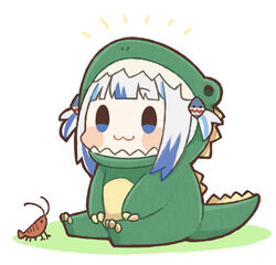  :3 blue_eyes blunt_bangs blush_stickers check_commentary chibi commentary_request dinosaur_costume female gawr_gura grey_hair highres hololive hololive_english hood hood_up multicolored_hair official_alternate_costume same_anko shrimp sitting smile solo streaked_hair tail two-tone_hair two_side_up virtual_youtuber 