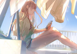  absurdres black_shorts blurry blurry_foreground brown_hair day feet_out_of_frame female hair_over_eyes highres holding holding_phone lens_flare long_hair macaronk original outdoors phone profile railing rooftop shirt short_shorts shorts sitting t-shirt white_shirt 