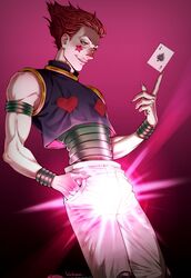  1boy absurdres anderain armband card facial_mark fingernails glowing glowing_crotch hair_slicked_back highres hisoka_morow holding holding_card hunter_x_hunter long_fingernails male_focus playing_card red_hair solo vest wristband 