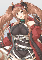  angelina_(arknights) angelina_(distinguished_visitor)_(arknights) animal_ears arknights belt black_gloves black_leotard breasts brown_eyes brown_hair coat cowboy_shot earpiece female fox_ears fox_girl gloves gradient_background grey_background hair_between_eyes hairband headgear highres holding holding_staff infection_monitor_(arknights) jacket leotard long_sleeves looking_at_viewer medium_breasts off_shoulder official_alternate_costume open_clothes open_coat open_mouth red_coat red_hairband red_jacket sano_souichi smile solo staff striped_clothes striped_hairband thigh_strap twintails two-tone_hairband white_belt 