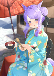  absurdres alternate_costume alternate_hairstyle animal_ears blush breasts commentary_request female food furisode hair_bun heavy_breathing highres horse_ears horse_girl horse_tail japanese_clothes kimono looking_at_viewer medium_breasts mejiro_mcqueen_(umamusume) paku_paku_desuwa purple_eyes purple_hair single_hair_bun sitting snow solo spoon tail tyabesu umamusume 