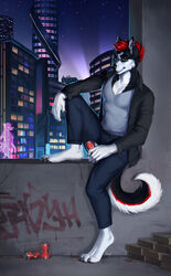  5_fingers anthro beverage_can bottomwear brown_eyes canid canine canis city clothed clothing curled_tail cyberpunk denim denim_bottomwear denim_clothing domestic_dog ear_piercing facial_piercing fingers fur graffiti hair hi_res highlights_(coloring) hologram humanoid husky jeans lip_piercing looking_at_viewer male mammal multicolored_body multicolored_fur night nordic_sled_dog pants piercing red_hair sebastian_the_husky shirt sitting snakebite_piercing solo spitz tail tavyapl topwear 