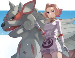  absurdres bad_id bad_pixiv_id breasts brown_hair female gloves goggles goggles_around_neck highres hisuian_arcanine large_breasts looking_at_viewer palina_(pokemon) parted_bangs parted_lips pokemon pokemon_(creature) pokemon_legends:_arceus punikiman purple_eyes short_hair white_gloves 