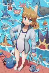  arm_at_side azurill blonde_hair breasts buizel closed_mouth collarbone commentary competition_swimsuit corsola female foreshortening full_body green_eyes gyarados hand_in_pocket hirosenpai jacket kasumi_(pokemon) lapras long_sleeves looking_at_viewer mantyke mudkip one-piece_swimsuit open_clothes open_jacket oshawott pokemon pokemon_(creature) pokemon_hgss poliwag pool pool_ladder poolside sandals seaking slowpoke smile squirtle standing starmie staryu surskit swimsuit swimsuit_under_clothes totodile water white_footwear white_one-piece_swimsuit wooper 