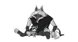  anthro arm_strap arm_wrapping arm_wraps armband barefoot black_sclera blue_eyes bottomwear button_ears canid canine canis chihuahua claws cloak clothed clothing death_(puss_in_boots) domestic_dog dreamworks duo ech_hz eye_contact facial_markings feet feral floppy_ears fluffy fluffy_tail foot_wraps footband fur grey_body grey_fur happy head_markings hi_res legband legwrap long_tail looking_at_another looking_at_partner looking_down looking_up male mammal markings mask_(marking) mostly_clothed no_shoes pants perrito_(puss_in_boots) poncho prick_ears pupils puss_in_boots_(dreamworks) red_eyes sickle simple_background sitting size_difference smile standing sweater tail tail_motion tailwag topwear toy_dog white_background white_body white_fur wolf wrap wrapped_arms wraps 