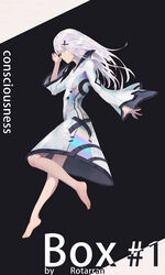  absurdres artist_name barefoot breasts collared_dress covered_eyes covered_nipples dress female floating full_body grey_hair highres long_hair long_sleeves original rotarran shiny_clothes sleeves_past_wrists small_breasts solo white_dress white_hair wide_sleeves 