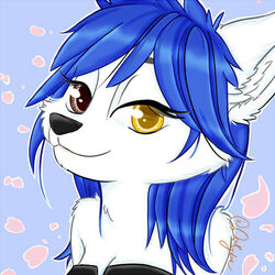  anthro arctic_fox bad_guy_cafe blue_hair brown_eyes canid canine female fox fur hair mammal mia_(smneff) ocerydia solo true_fox white_body white_fur yellow_eyes 