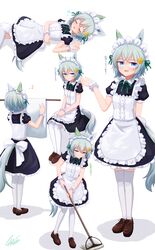  :d absurdres alternate_costume animal_ears apron black_dress blue_eyes brown_footwear closed_mouth dress enmaided female frilled_apron frills full_body green_hair highres holding holding_mop horse_ears horse_girl horse_tail invisible_chair lexis_yayoi lying maid maid_apron maid_headdress mop multiple_views on_back open_mouth seiun_sky_(umamusume) shadow shoes short_hair simple_background sitting sleeping smile standing tail thighhighs umamusume white_background white_legwear 