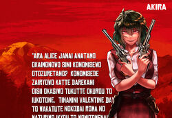  akira_(cookie) belt breasts brown_belt character_name collared_shirt commentary_request cookie_(touhou) cowboy_shot crossed_arms crossover dual_wielding eyes_visible_through_hair female green_hair gun hair_between_eyes handgun holding holding_gun holding_weapon holster kazami_yuuka large_breasts looking_at_viewer megafaiarou_(talonflame_810) mountain open_mouth plaid plaid_skirt plaid_vest red_dead_redemption red_eyes red_skirt red_sky red_vest revolver romaji_text shirt short_hair short_sleeves skirt skirt_set sky smile smith_&amp;_wesson_schofield solo standing touhou translated tree vest wall_of_text weapon white_shirt 