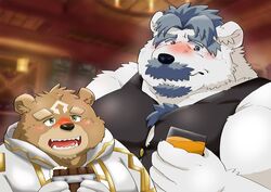  2023 aegis_(crave_saga) anthro bear beard black_nose blush brown_body crave_saga duo facial_hair gabu_(crave_saga) hi_res kemono male mammal moustache musclegut muscular polar_bear ursine white_body yanununununu 