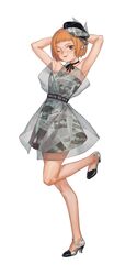  armpits arms_behind_head arms_up blonde_hair bob_cut brown_eyes choker closed_mouth dress fashion female full_body galllisto grey_dress grey_footwear hat high_heels highres layered_dress looking_at_viewer mezato_ichi mob_psycho_100 newspaper one_eye_closed print_dress print_footwear print_headwear short_dress short_hair simple_background smile solo standing standing_on_one_leg strapless strapless_dress white_background 