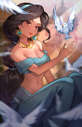  aladdin_(disney) animal animification bandeau bare_shoulders bird black_hair blue_bandeau blue_hairband blue_pants blurry blurry_background blurry_foreground breasts brown_eyes brown_hair chibi_vanille cleavage closed_mouth collarbone commentary dark-skinned_female dark_skin day dove earrings english_commentary feathers feet_out_of_frame female forehead gold hair_tie hairband hand_up happy highres jasmine_(disney) jewelry knees_up light_particles light_rays long_hair looking_at_viewer medium_breasts midriff navel neck_ring necklace off-shoulder_shirt off_shoulder outdoors pants parted_bangs ponytail red_lips shirt short_sleeves sitting smile solo stomach tan v-shaped_eyebrows 