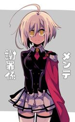  ahoge armor blazblue blazblue_alternative:_dark_war blonde_hair border breasts capelet ciel_sulfur closed_mouth collared_shirt female frown gloves highres huge_ahoge looking_at_viewer mako_gai medium_breasts necktie pauldrons red_capelet red_necktie shirt short_hair short_necktie shoulder_armor skirt solo uniform white_border yellow_eyes 