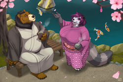  anthro asian_clothing biglovealicia black_hair brown_eyes clothed clothing duo east_asian_clothing female fur hair japanese_clothing lepidusdelsol_(character) lexy_(coachman) male male/female mammal procyonid purple_eyes purple_hair raccoon smile wide_hips 