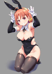  ahoge animal_ears armpits arms_up bangs bare_shoulders black_legwear black_leotard blush braid breasts bunny_ears bunny_pose cleavage clothing_cutout detached_collar earrings elbow_gloves fake_animal_ears female gloves grey_background grin groin highleg highleg_leotard highres jewelry kanabun kneeling large_breasts leotard looking_at_viewer love_live! love_live!_sunshine!! orange_hair playboy_bunny red_eyes seiza short_hair side_braid sitting smile solo strapless strapless_leotard takami_chika teeth thighhighs white_gloves 