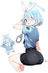  absurdres alternate_costume angel_wings arona_(blue_archive) ass blue_archive blue_eyes blue_hair blue_shirt braid chains chibi chibi_inset cuffs female hair_over_one_eye hairband halo handcuffs highres kandori looking_at_viewer multiple_views open_mouth police police_uniform policewoman shirt simple_background sitting skirt smile uniform white_background wings 