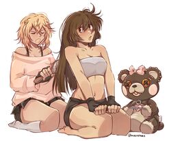  1boy androgynous bare_legs barefoot blonde_hair breasts bridget brown_hair brushing_another&#039;s_hair brushing_hair cleavage commentary crossdressing female fingerless_gloves gloves guilty_gear guilty_gear_strive guilty_gear_strive_x_tower_records highres long_hair may_(guilty_gear) mil17459623 otoko_no_ko pleated_skirt puffy_chest roger_(guilty_gear) seiza short_hair short_shorts shorts simple_background sitting skirt socks strapless stuffed_animal stuffed_toy sweater teddy_bear tower_records tube_top 