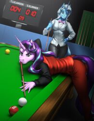  2020 5_fingers absurd_res anthro anthrofied ball billiard_ball billiard_table billiards blue_eyes bow_tie clothed clothing cue_stick digital_media_(artwork) duo equid equine eyelashes female fingers friendship_is_magic fully_clothed furniture hair hasbro hi_res horn looking_at_butt mammal multicolored_hair my_little_pony mykegreywolf mythological_creature mythological_equine mythology purple_eyes smile starlight_glimmer_(mlp) table text trixie_(mlp) two_tone_hair unicorn 