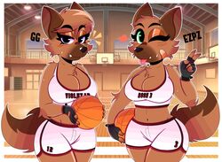  absurd_res anthro arm_tuft ball basketball basketball_(ball) basketball_court basketball_shorts bodily_fluids bottomwear breasts brown_body brown_fur brown_hair canid canine canis chest_tuft clothing dolphin_shorts domestic_dog duo elbow_tuft eyebrow_piercing eyebrow_through_hair eyebrows eyelashes facial_piercing fangs female fingerless_gloves fur gesture gloves green_eyes hair hand_gesture handwear hi_res inside mammal midriff navel one_eye_closed piercing purple_eyes rose_naire shorts sibling_(lore) sister_(lore) sisters_(lore) sweat teeth tongue tongue_out translucent translucent_hair tuft two_tone_tail v_sign ventura_city_drifters violet_naire wink wireless_shiba 