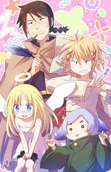  1other 3boys :d absurdres ahoge angel angel_wings black_hair black_shorts blonde_hair blue_eyes braid broken_halo cape cigar commentary crimvael dress elf facial_hair green_eyes grin hair_between_eyes halfling halo highres ishuzoku_reviewers kanchal long_hair long_sleeves looking_at_viewer male_focus messy_hair multiple_boys nyaa_(nnekoron) open_mouth penetration_gesture pointy_ears ponytail robe scar scar_on_face shirt short_eyebrows short_hair shorts sleeveless sleeveless_dress smile straight_hair stunk teeth thick_eyebrows v-shaped_eyebrows wavy_mouth white_dress wide_sleeves wings zel_(ishuzoku_reviewers) 