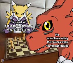  absurd_res anthro bandai_namco canid chess chess_board chess_piece digimon digimon_(species) dog_playing_chess duo english_text guilmon hi_res lunascribbles mammal meme renamon scalie text 