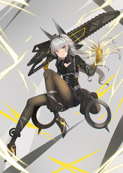  animal_ears black_dress black_pantyhose braid chainsword dress electricity fake_animal_ears female french_braid grey_eyes grey_hair hairband headgear highres holding holding_sword holding_weapon huge_weapon ldfe_mk2 long_hair mecha_musume mechanical_arms mechanical_foot nanami:_storm_(punishing:_gray_raven) nanami_(punishing:_gray_raven) pantyhose parted_lips punishing:_gray_raven sidelocks solo sword weapon 