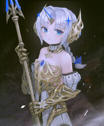  armor blue_eyes braid braided_ponytail commentary_request elbow_gloves fantasy female flat_chest flower gauntlets gloves headgear highres holding holding_polearm holding_weapon horns mihato_senba original polearm single_horn solo sword_world_2.0 trident weapon white_flower white_hair 