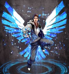  1boy anderain beanie blue_wings brown_hair delsin_rowe digital_dissolve energy_wings floating hat highres hood hoodie infamous infamous_second_son male_focus solo wings 