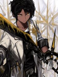  1boy arknights bad_id bad_twitter_id black_hair black_pants black_shirt closed_mouth dark-skinned_male dark_skin earclip gloves highres holding holding_weapon jacket jewelry looking_at_viewer male_focus necklace orrdriver pants shirt simple_background solo thorns_(arknights) upper_body vial weapon white_gloves yellow_eyes 