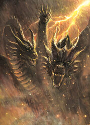  absurdres commentary_request dragon dragon_horns fangs g.n.a giant giant_monster glowing glowing_eyes godzilla:_king_of_the_monsters godzilla_(series) highres horns kaijuu king_ghidorah king_ghidorah_(monsterverse) lightning looking_at_viewer monster monsterverse multiple_heads night no_humans open_mouth rain storm teeth 