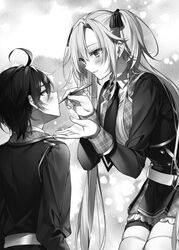  1boy ahoge arm_up belt bow closed_mouth collared_shirt excalibur_academy_uniform female greyscale hairbow highres holding holding_spoon leaning_forward leonis_death_magnus long_hair long_sleeves looking_at_another monochrome necktie official_art parted_bangs regina_mercedes school_uniform seiken_gakuin_no_maken_tsukai shirt short_hair sidelocks skirt smile spoon standing striped striped_bow thighhighs toosaka_asagi two_side_up very_long_hair zettai_ryouiki 