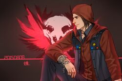  1boy anderain beanie brown_hair chains dark_persona dated delsin_rowe hat hood hoodie infamous_second_son logo male_focus profile red_theme sitting solo wrist_chain 