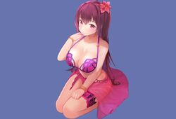  bikini blue blush fate/grand_order fate_(series) flowers pink_eyes ponytail purple_hair scathach_(fate/grand_order) swimsuit taena 