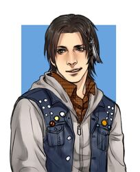  1boy anderain big_nose brown_hair delsin_rowe denim_vest feather_hair_ornament feathers hair_ornament hood hoodie infamous_second_son male_focus no_headwear smile solo vest 