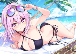  barefoot beach bikini blush breasts cleavage clouds cu-no hisen_kaede navel purple_eyes purple_hair sky sunglasses swimsuit tree water yayoi_sakura 