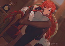  absurdres antique_phone azur_lane black_gloves braid china_dress chinese_clothes commentary crown_braid dress dutch_angle feather_boa feet female gloves grey_dress half_gloves highres jintianhuahualema legs long_hair looking_at_viewer monarch_(azur_lane) monarch_(black_gerard)_(azur_lane) no_shoes official_alternate_costume phone purple_eyes red_hair rotary_phone sitting solo taut_clothes taut_dress thighhighs 