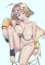  :d ahoge anis_(nikke) anis_(sparkling_summer)_(nikke) bare_legs bare_shoulders bikini blue_background breasts brown_hair can collarbone commentary_request eyepatch_bikini eyewear_on_head female goddess_of_victory:_nikke groin highres holding holding_can jacket knee_up large_breasts looking_at_viewer md5_mismatch navel off_shoulder official_alternate_costume open_clothes open_jacket open_mouth short_hair siguya simple_background sitting smile solo stomach strapless strapless_bikini swimsuit thighs white_bikini yellow_eyes yellow_jacket 