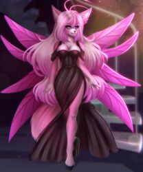  2020 adorableinall ahoge anthro black_clothing black_dress blue_eyes breasts canid canine canis clothed clothing digital_media_(artwork) dress evening_gown eyelashes female fingers footwear fur hair high_heels inside long_hair mammal mariah_veiethe nails pink_body pink_fur pink_hair pink_wings shoes slit_dress smile solo sparkles standing wings wolf 