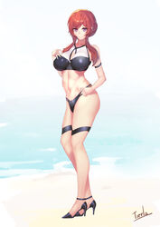  absurdres alternate_costume artist_name azur_lane bare_shoulders bikini black_footwear braid breasts commentary crown_braid female full_body high_heels highres impossible_clothes impossible_swimsuit large_breasts monarch_(azur_lane) purple_eyes red_hair simple_background solo swimsuit tierla 