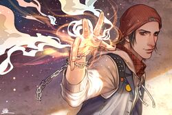  1boy anderain beanie brown_eyes brown_hair chains delsin_rowe dust foreshortening hands hat highres infamous_second_son letterboxed magic male_focus outstretched_arm plaid smile solo wrist_chain 