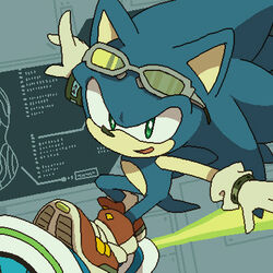  1:1 2013 aliasing anthro blue_body blue_fur bracelet bukikobuta clothing detailed_background digital_media_(artwork) eulipotyphlan extreme_gear eyewear eyewear_on_head footwear fur gloves green_eyes handwear hedgehog hoverboard jewelry looking_at_viewer low_res male mammal sega shoes smile solo sonic_riders sonic_the_hedgehog sonic_the_hedgehog_(series) sunglasses sunglasses_on_head 