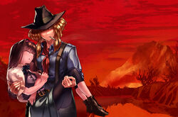  2girls alice_margatroid ascot belt black_bow black_footwear black_headwear black_legwear blonde_hair blue_eyes blue_shirt bow bowtie brown_belt brown_hair buckle bush capelet carrying cigarette closed_eyes closed_mouth commentary_request cookie_(touhou) cowboy_hat cowboy_shot cowboy_western crossover full_body green_skirt hair_between_eyes hair_over_one_eye hairband hat ichigo_(cookie) jigen_(cookie) long_hair looking_to_the_side medium_hair megafaiarou_(talonflame_810) mountain multiple_girls princess_carry purple_shirt red_ascot red_dead_redemption red_sky red_theme river shirt shoes sidelocks skirt sky standing suspenders thighhighs touhou white_capelet 