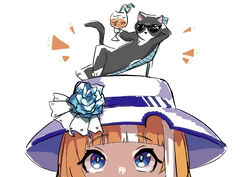  absurdres akikawa_yayoi_(umamusume) animal_ears blue_eyes blunt_bangs cat_day cat_ears chair cocktail_glass crazy_straw cup drinking_glass drinking_straw female flower hat hat_flower heart_straw highres looking_up lounge_chair makasero multicolored_hair notice_lines orange_hair reclining simple_background sunglasses two-tone_hair umamusume white_background white_hair white_headwear 