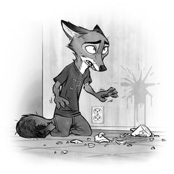  1:1 2020 anthro barefoot canid canine cheek_tuft clothed clothing container cup disney dripping facial_tuft feet fox fully_clothed head_tuft kneeling liquid male mammal monochrome nick_wilde pawpads red_fox samur_shalem scared solo true_fox tuft zootopia 